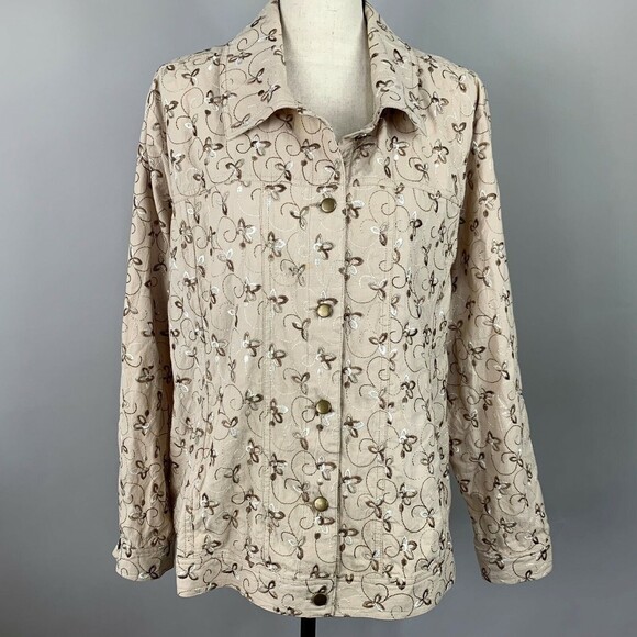 Leslie Fay Woman Button Up Shacket Plus 2X Beige Embroidered Cotton - Picture 8 of 11